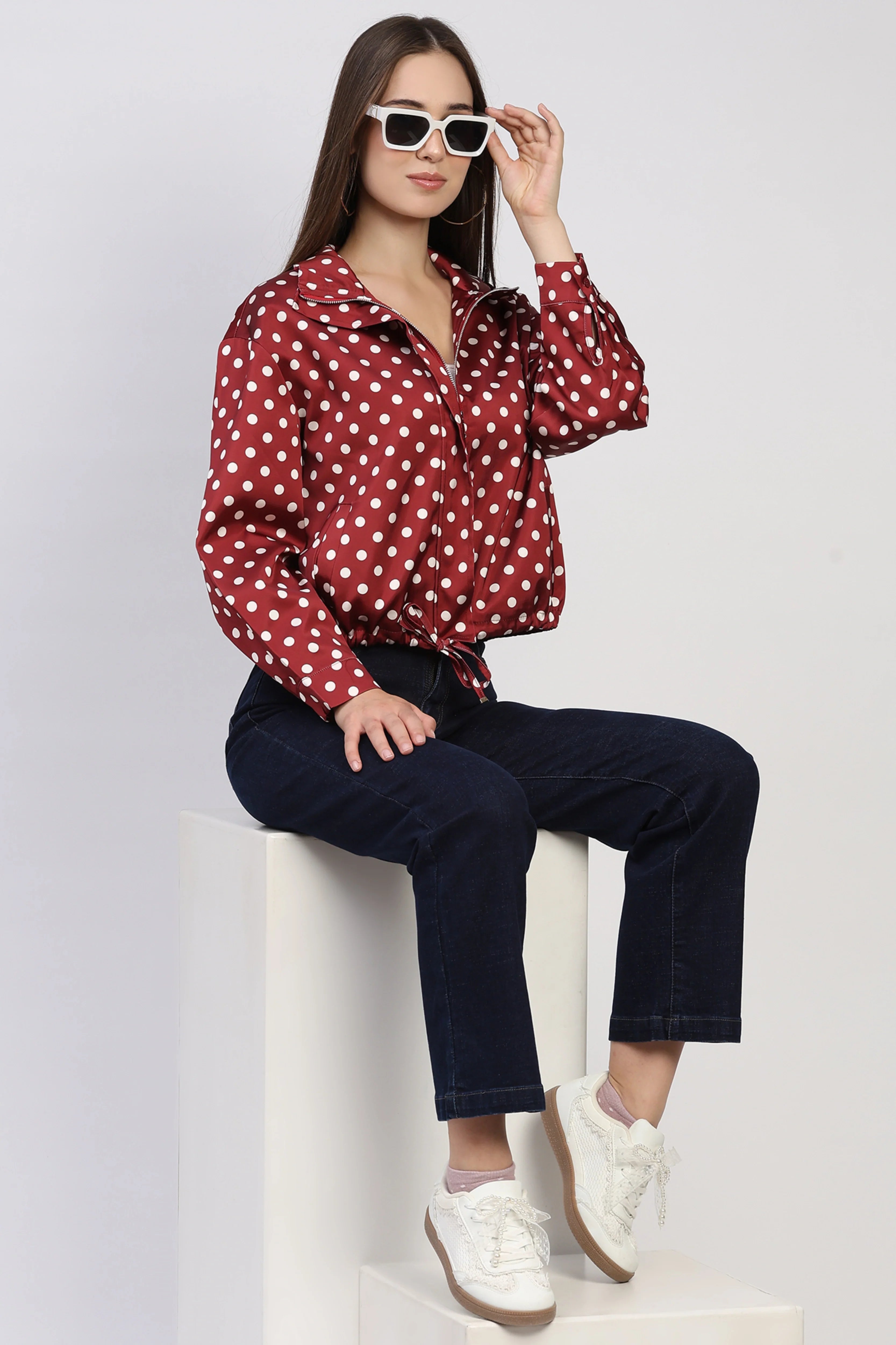 Maroon Polka Dot Polyester Jacket