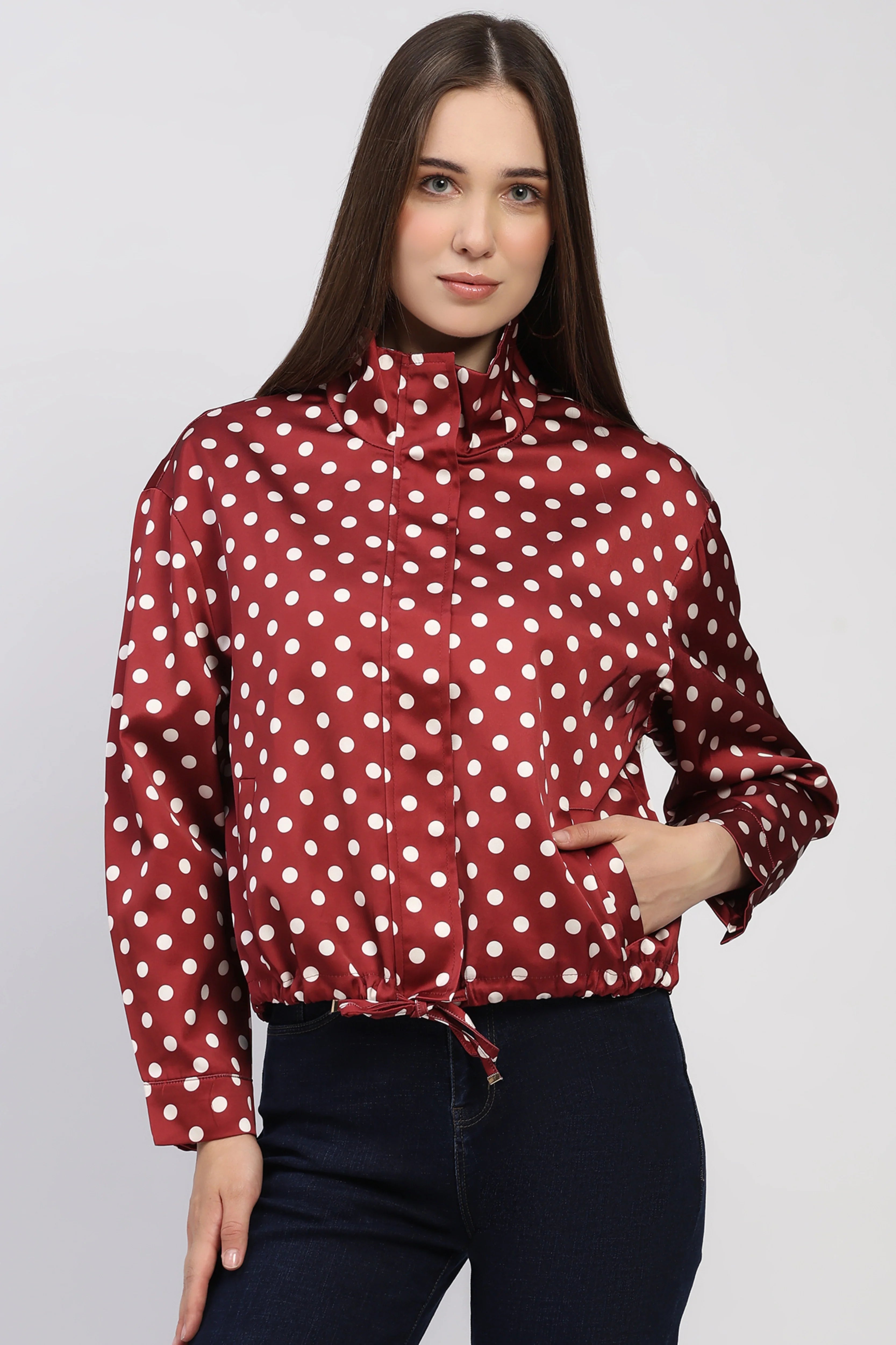 Maroon Polka Dot Polyester Jacket