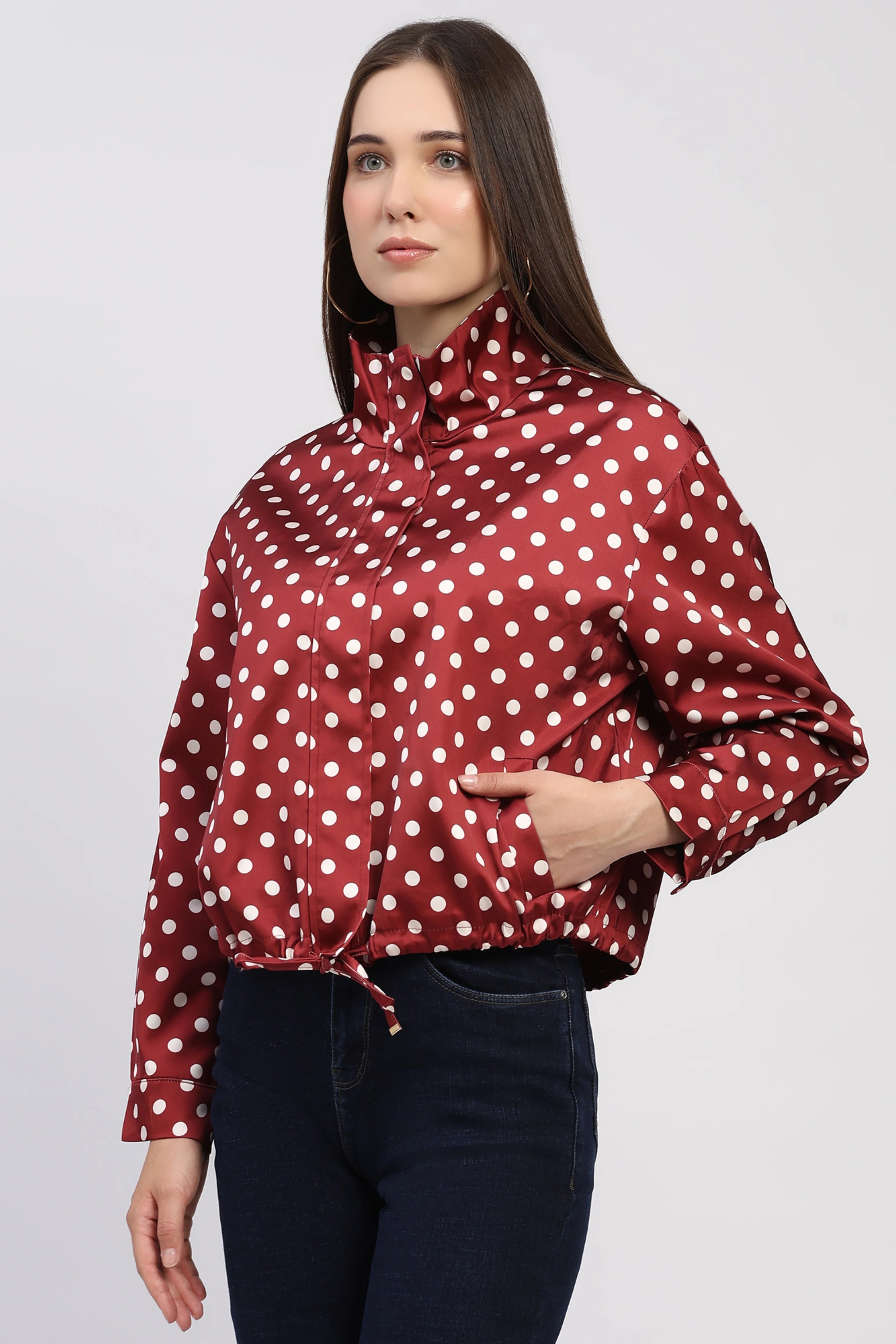 Maroon Polka Dot Polyester Jacket