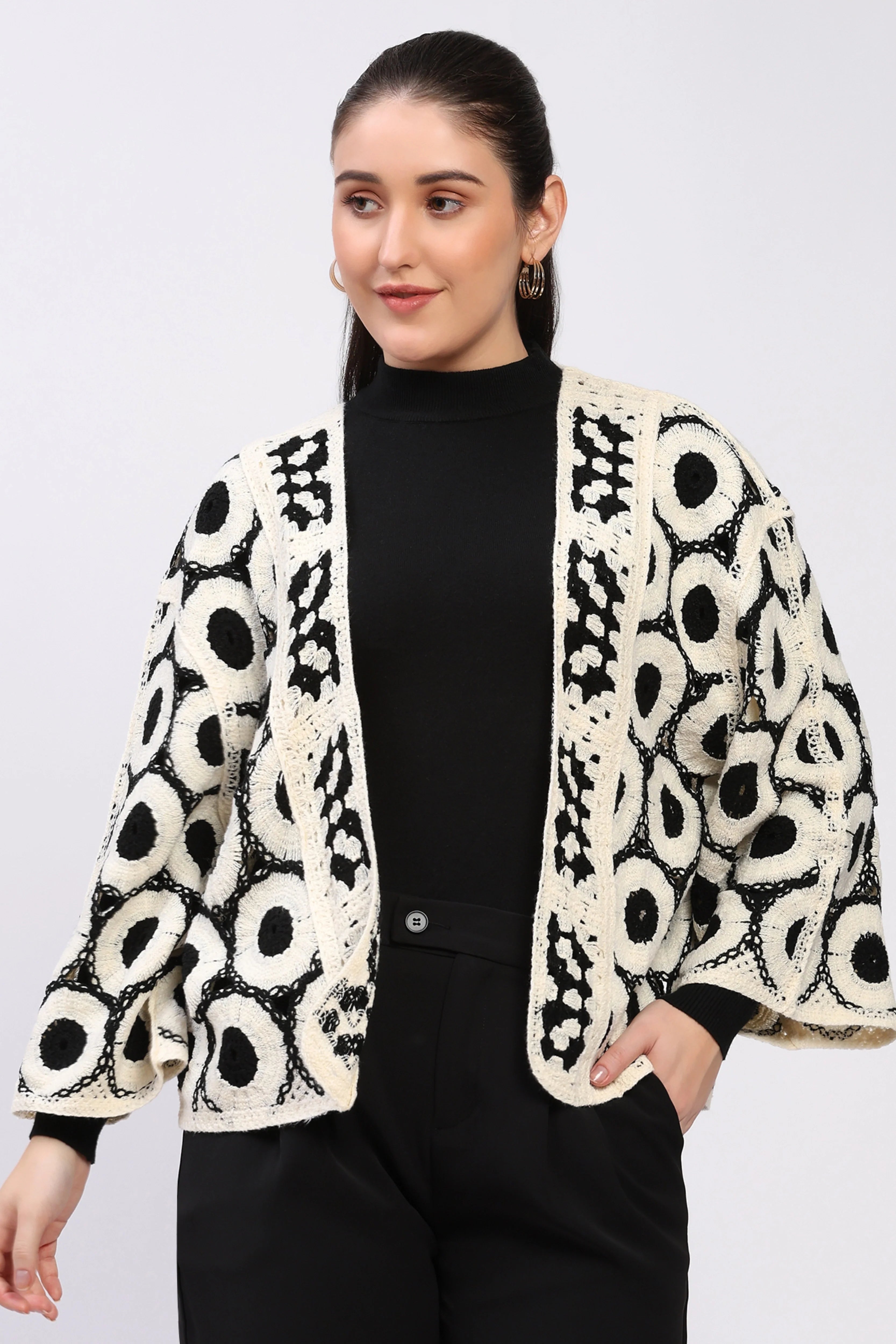 Black Cream Crochet Shrug-Global Republic