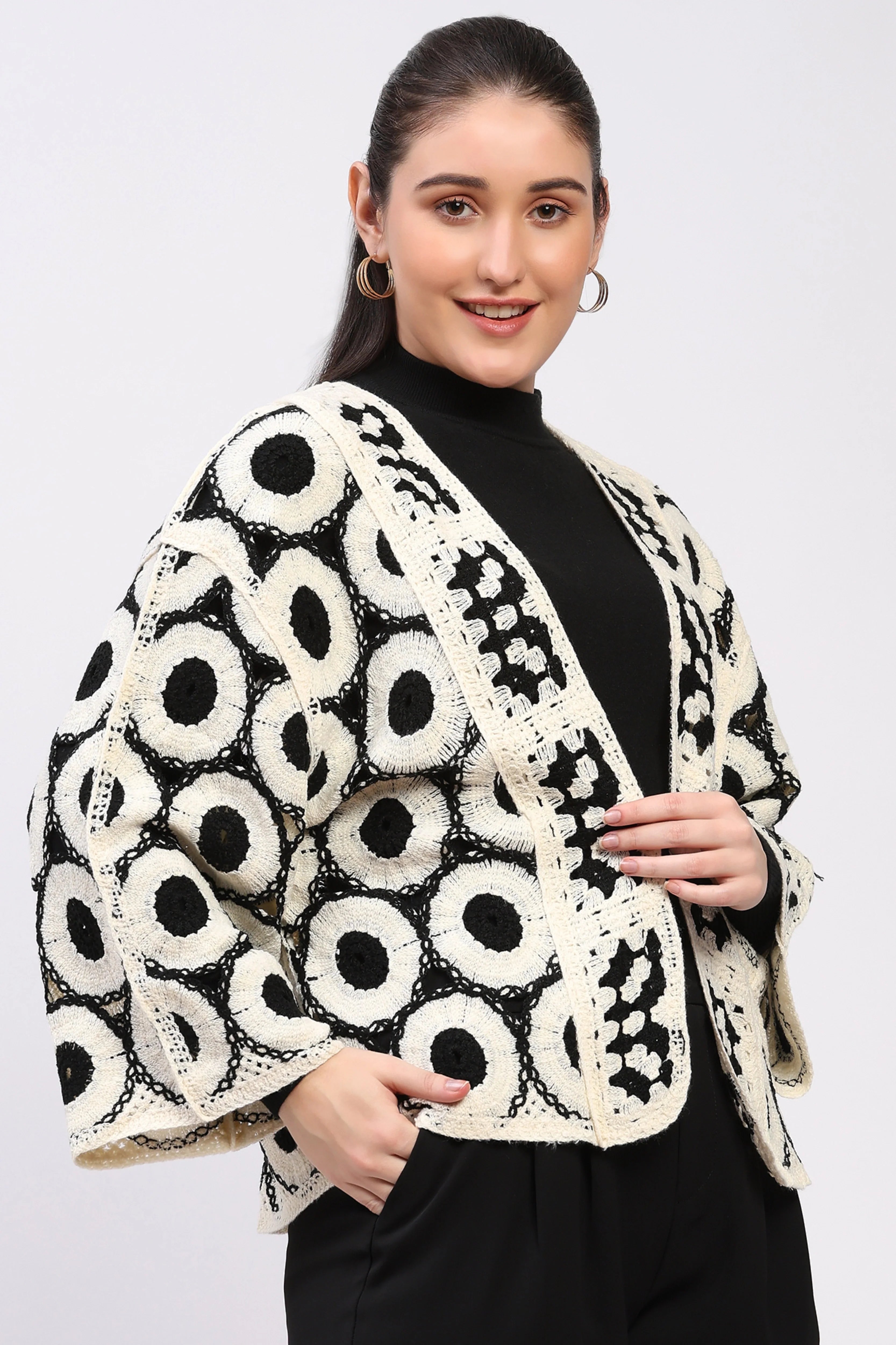 Black Cream Crochet Shrug-Global Republic