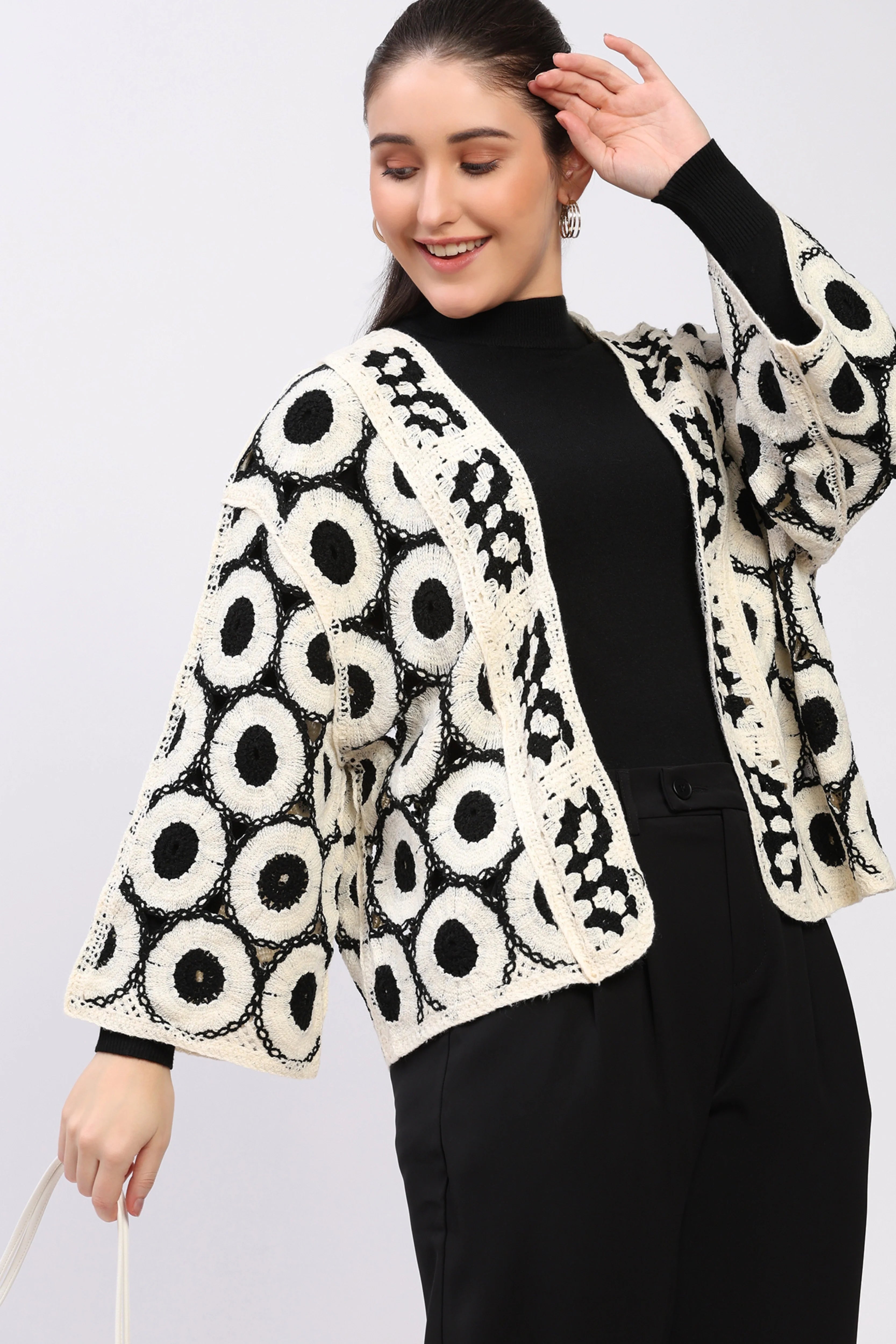 Black Cream Crochet Shrug-Global Republic