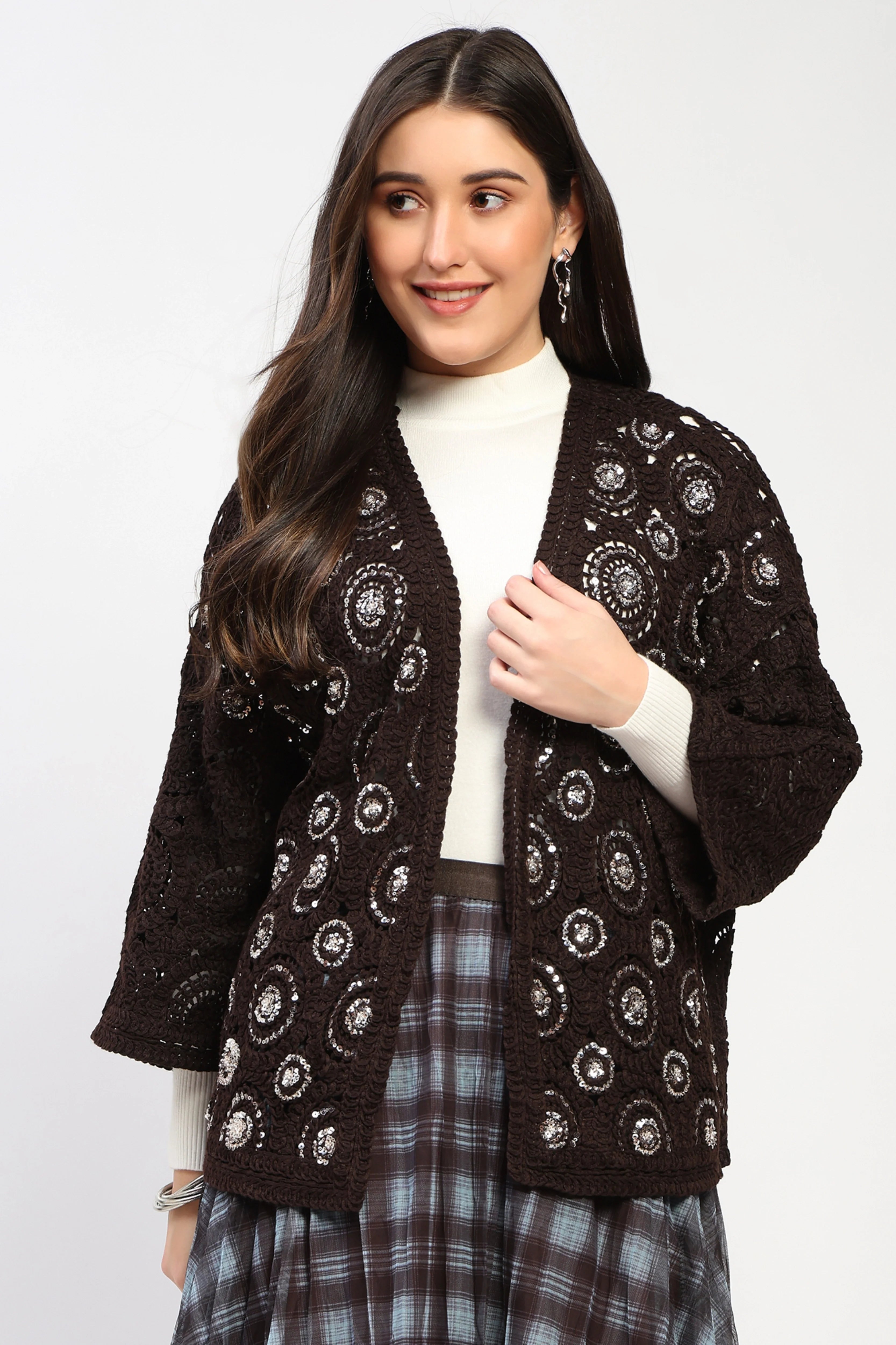 Coffee Sequin Crochet Shrug-Global Republic