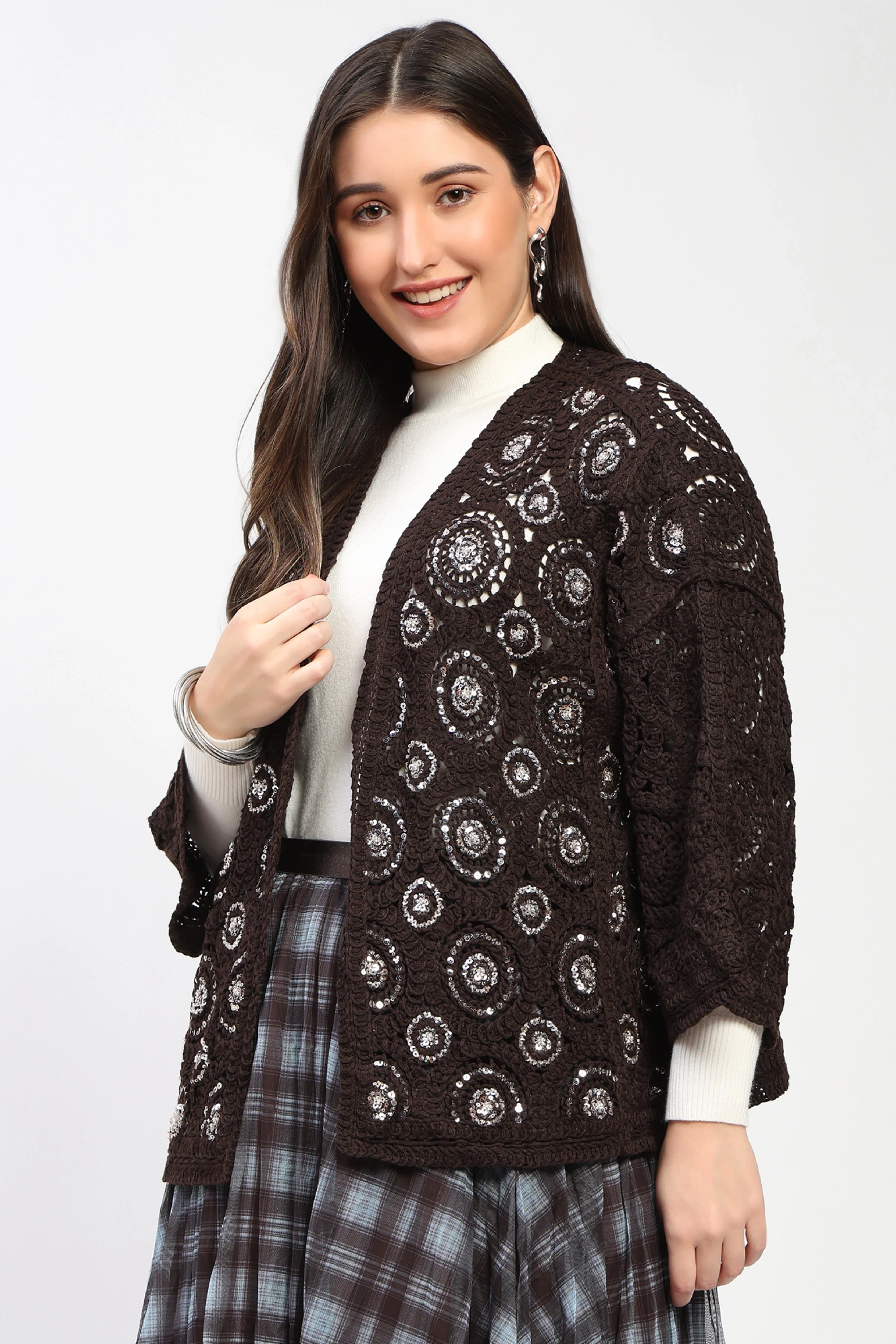 Coffee Sequin Crochet Shrug-Global Republic