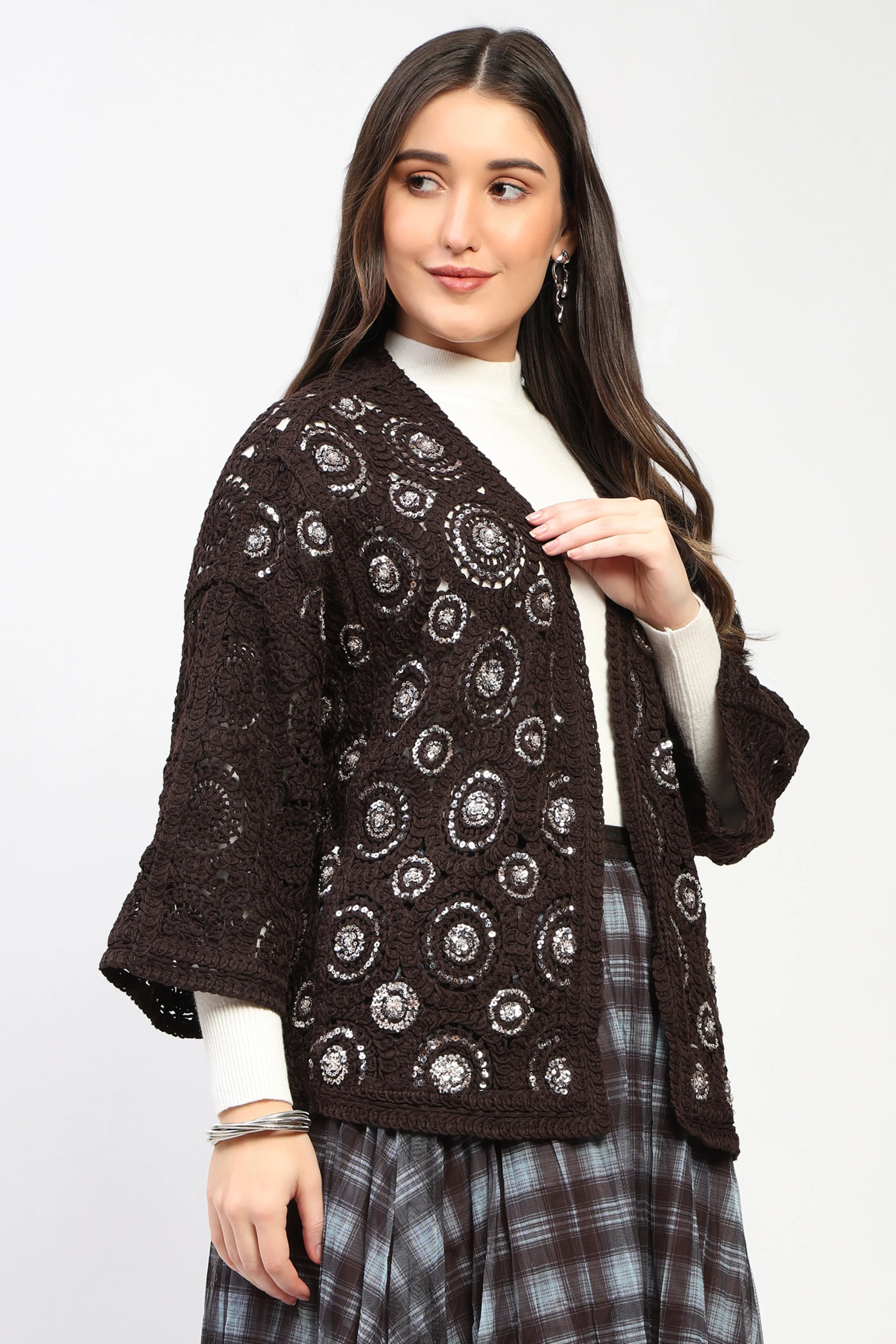 Coffee Sequin Crochet Shrug-Global Republic