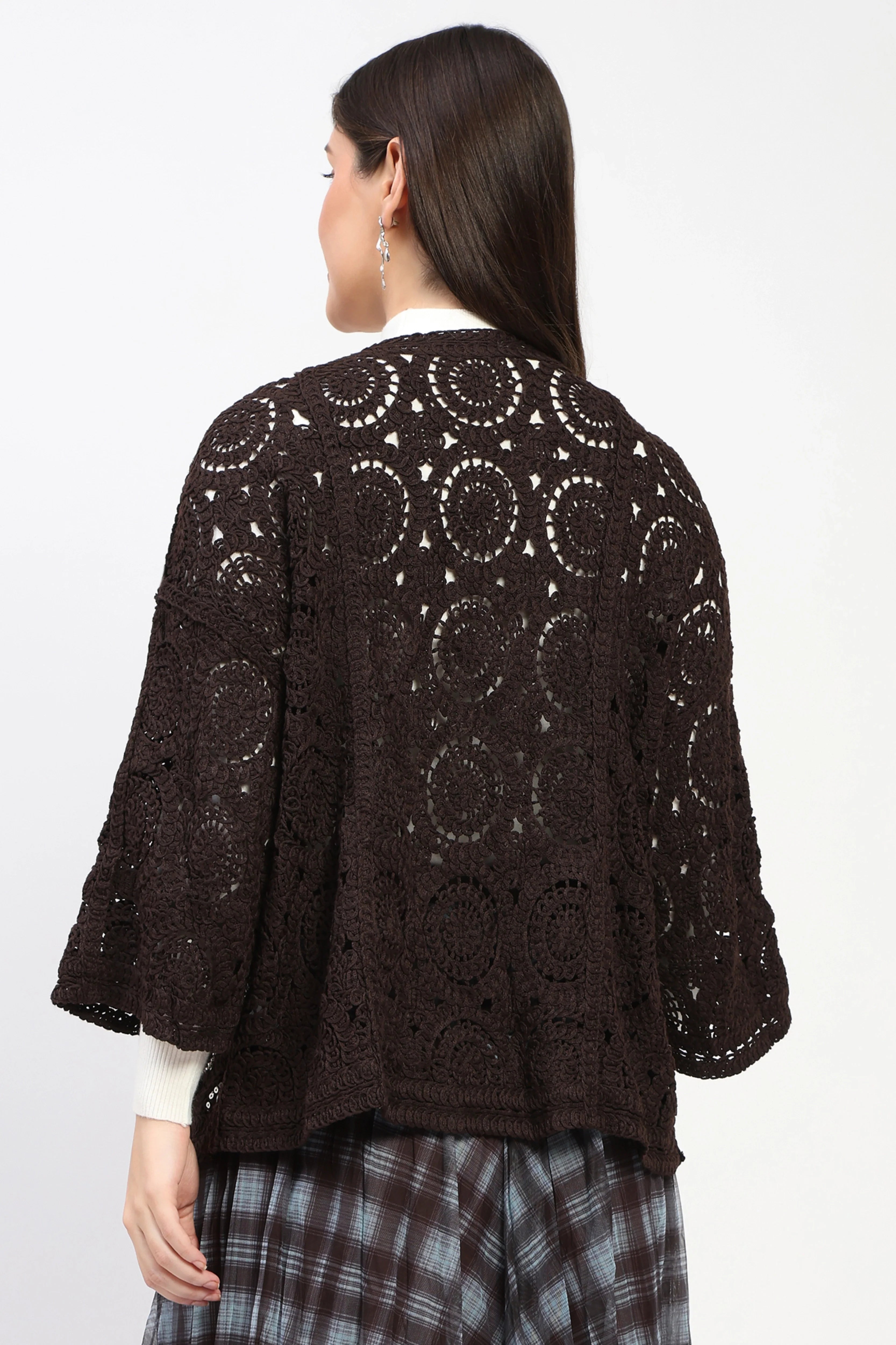 Coffee Sequin Crochet Shrug-Global Republic