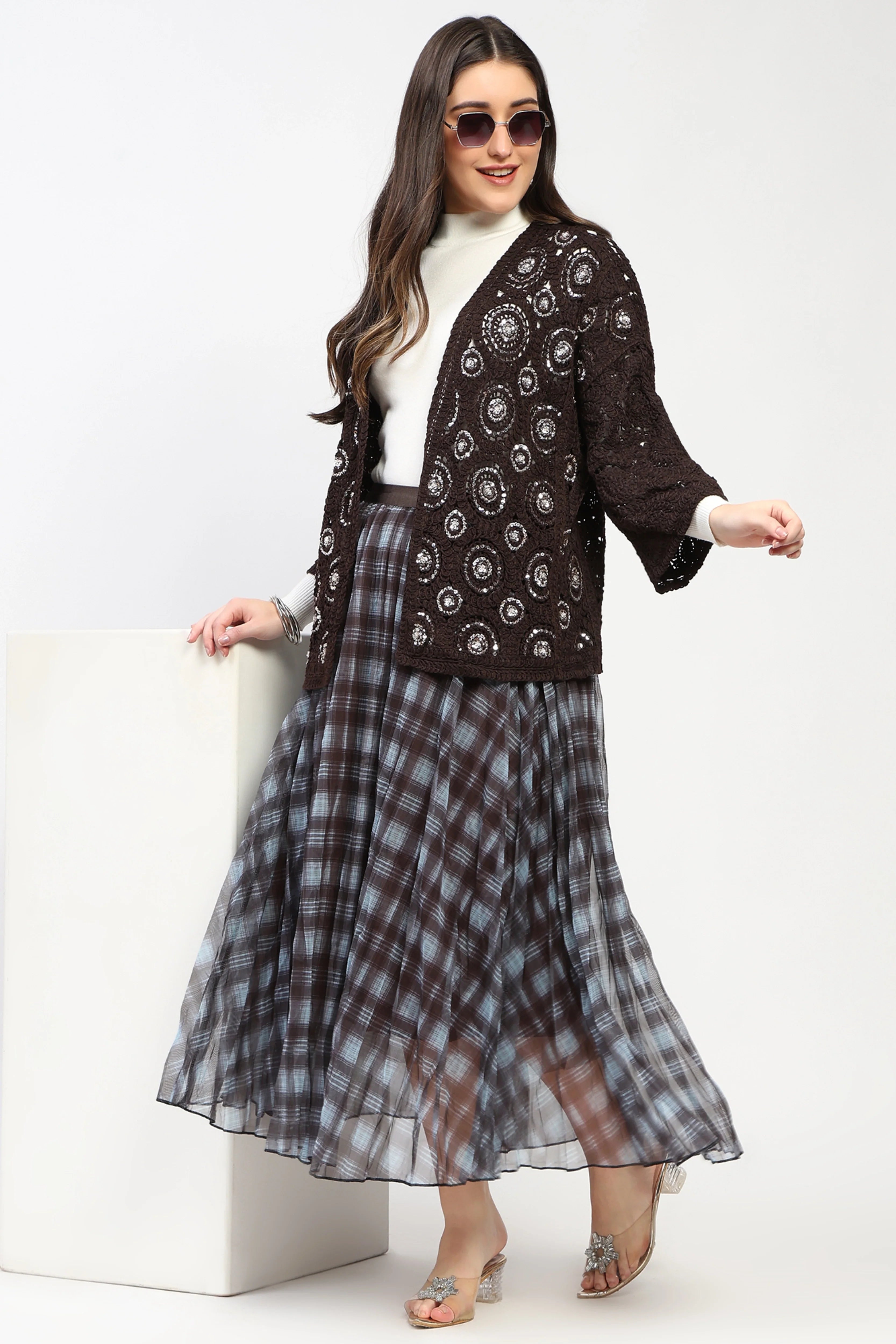 Coffee Sequin Crochet Shrug-Global Republic