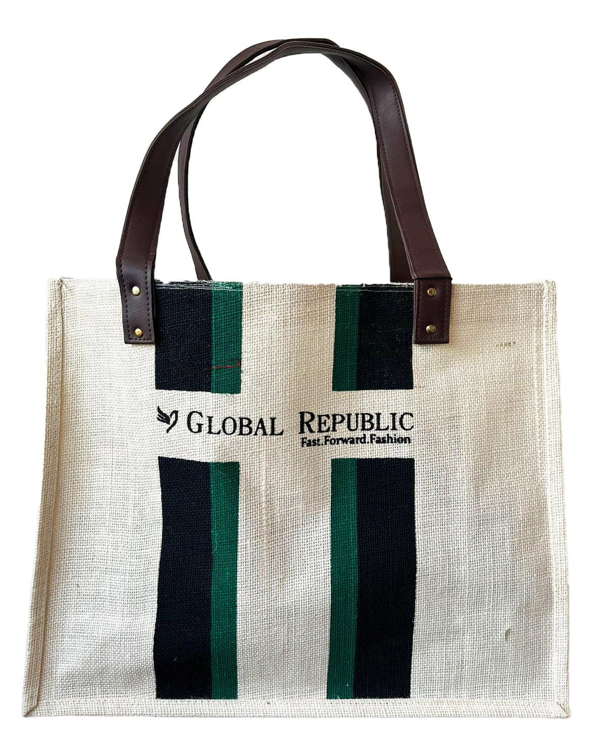 Cream Printed Striped Jute Shopping Bag with Sling - Global Republic