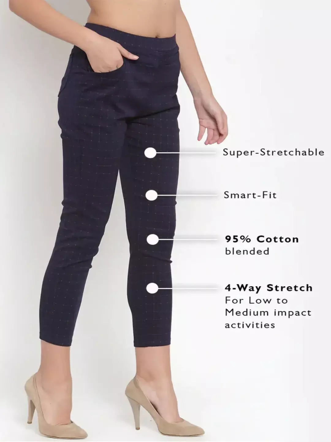 Women Navy Blue Ankle Length Checked Stretchable Jegging - Global Republic #