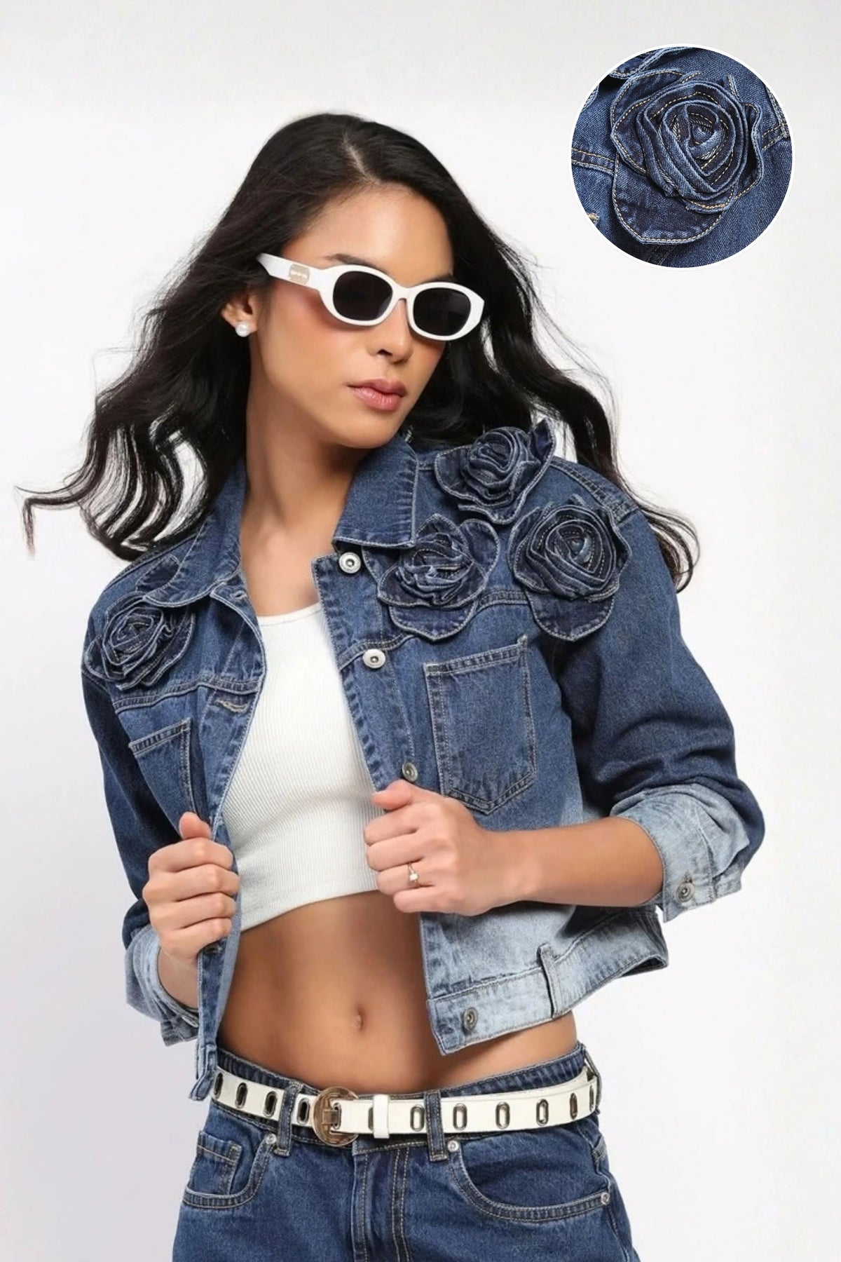 3D Rose Ombre Denim Jacket