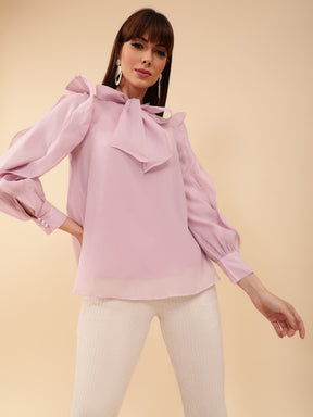 Women Pink Tie-Up Neck Ruffle Sleeve Blouse Top