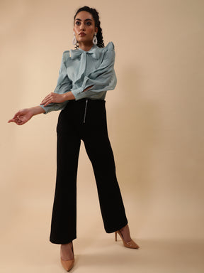 Women Teal Tie-Up Neck Ruffle Sleeve Blouse Top