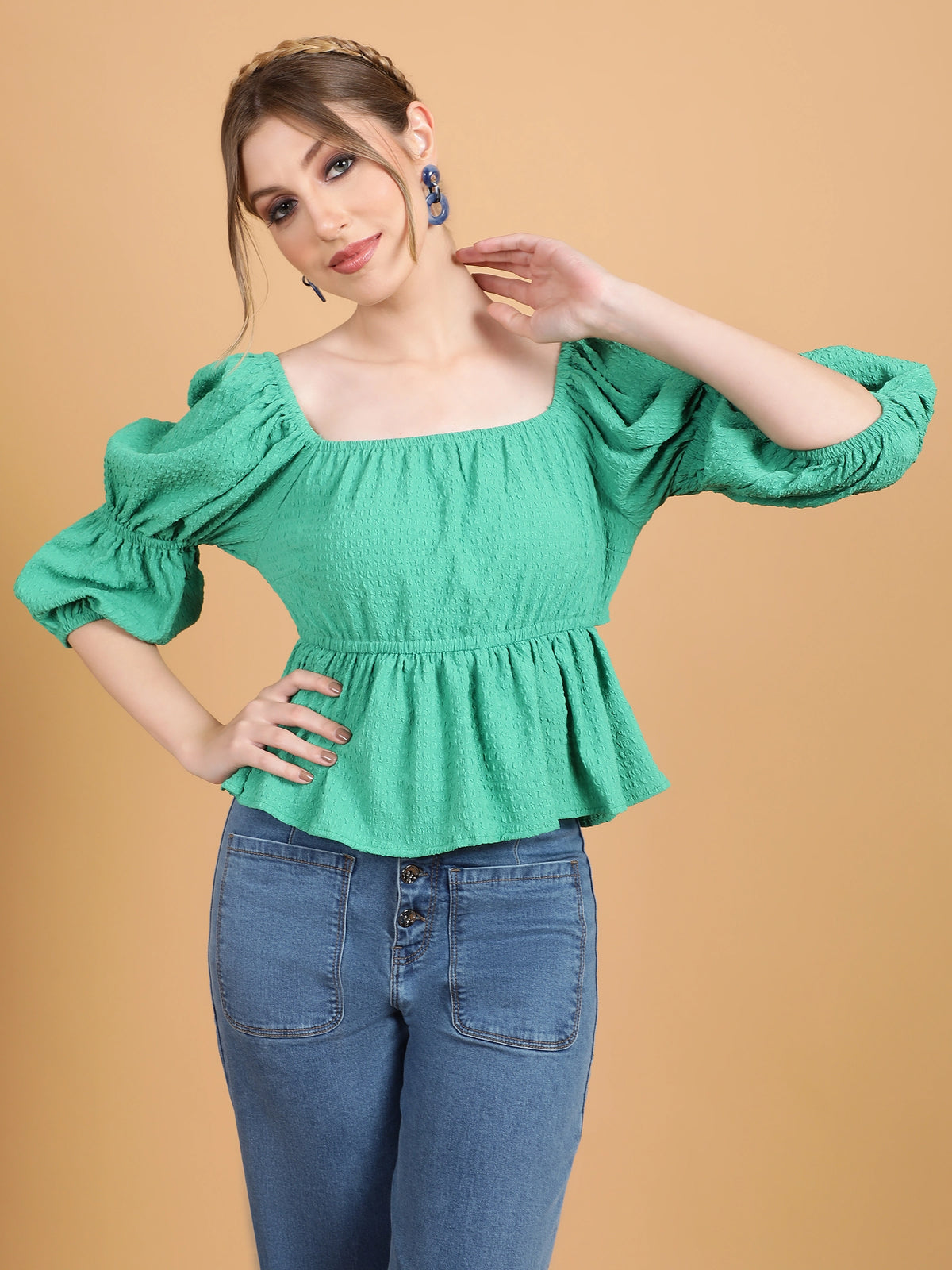 Women Sea Green Square Neck Bell Sleeves Peplum Top