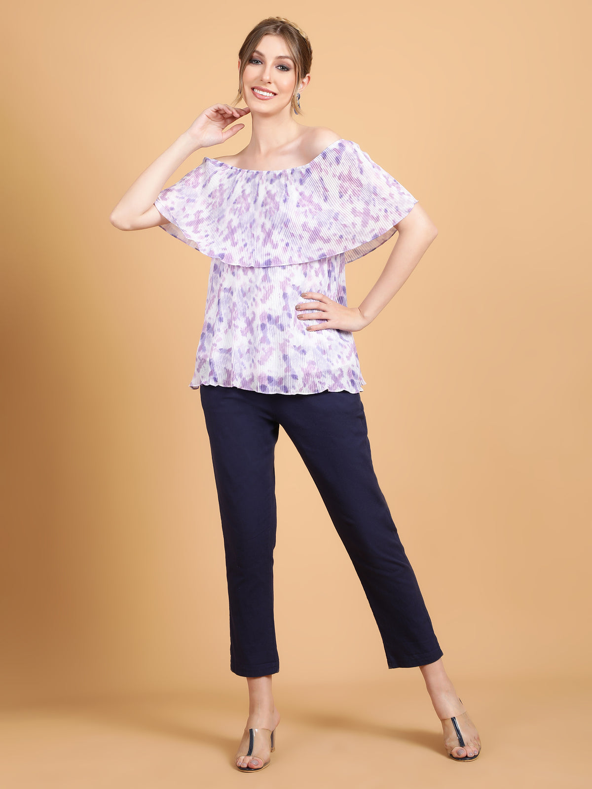 Women White & Purple A-Line Off Shoulder Top