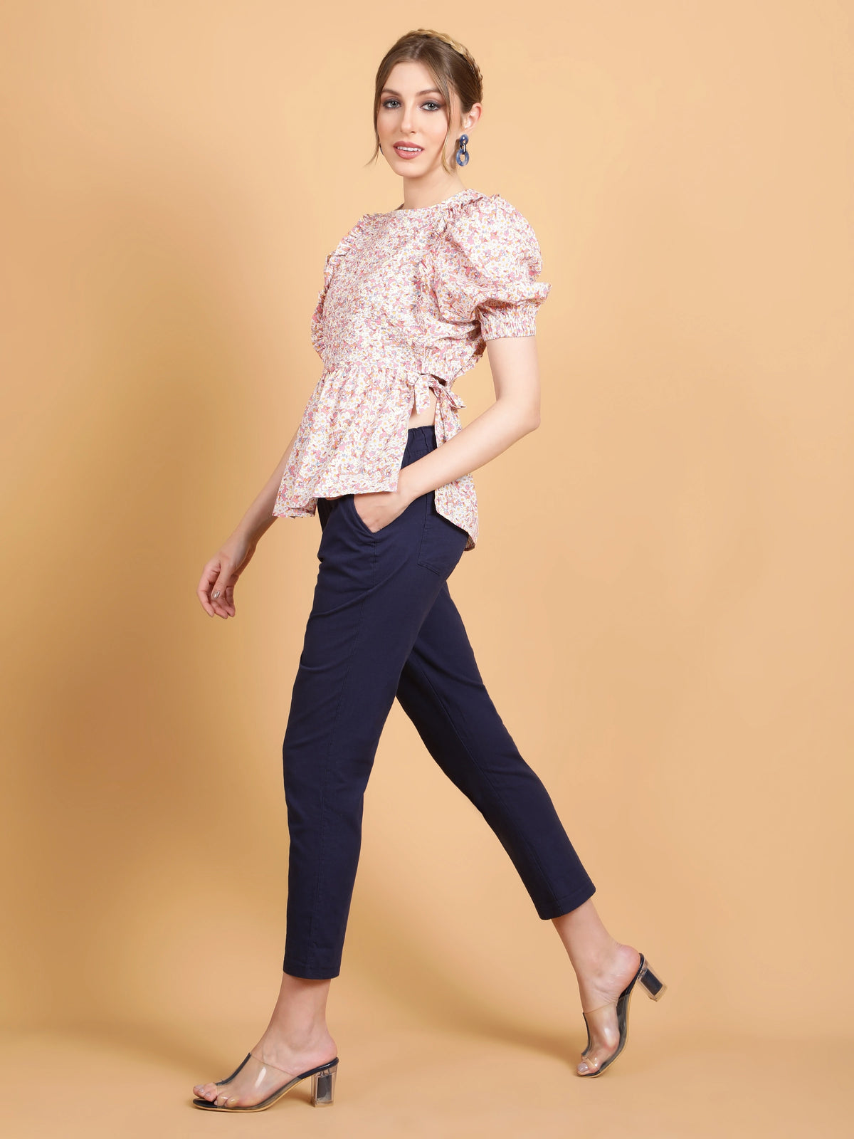 Women Pink & White Floral Peplum Top