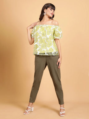 Women Loose Fit Lime Net Floral Printed Top