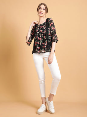 Women Flared Fit Bell Sleeves Black Florals Printed Blouse