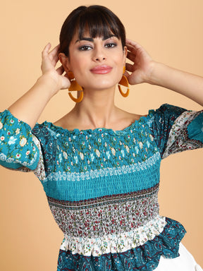 Women Teal Snug Fit Boat Neck Floral Print Top