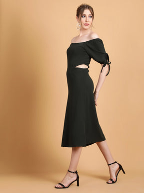 Women Off-Shoulder Forest Green Waist Cut Bodycon Dress