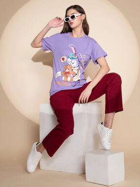 Women Lavender Regular Fit Round Neck Printed Top