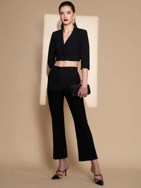 Women V-Neck Cropped Black Co-ord Set