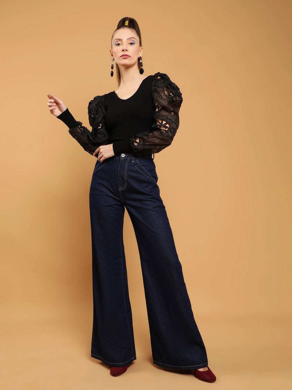 Dark Blue Contrast Stitch Wide Leg High Rise Jeans