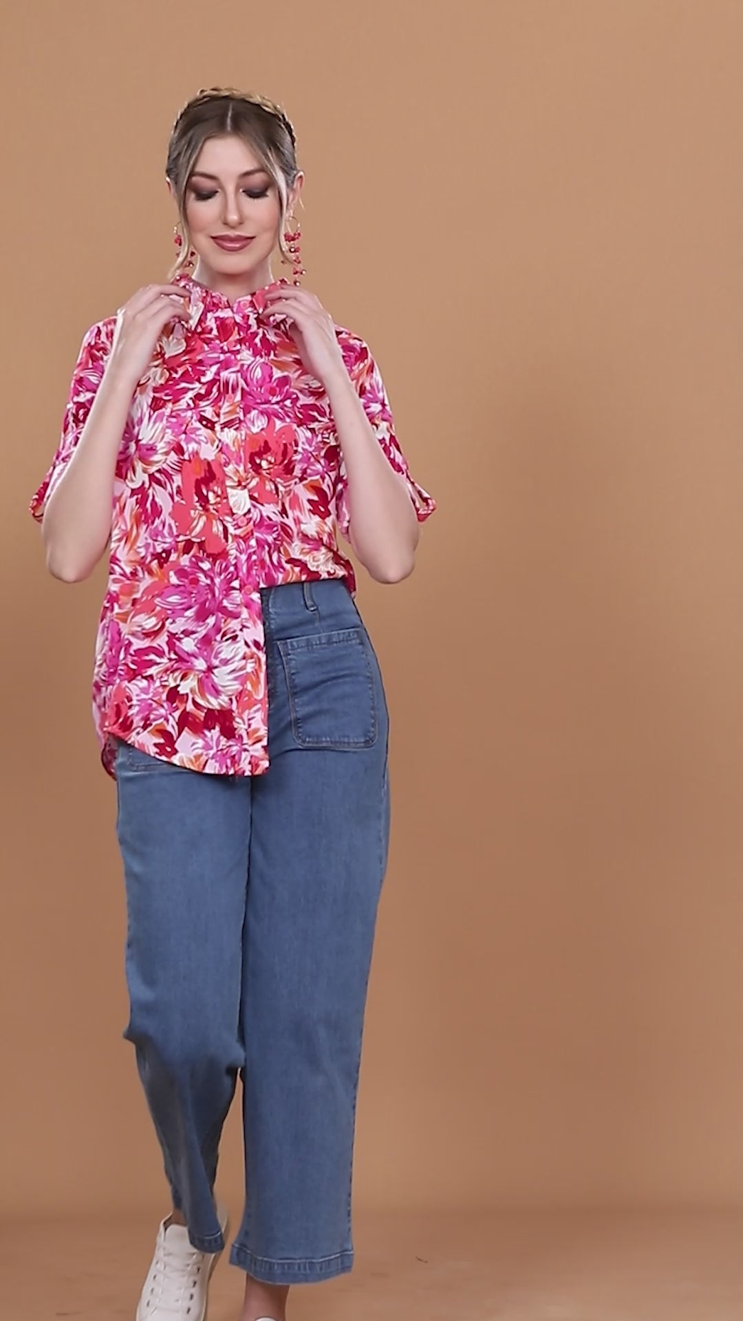 Women Hot-Pink Floral Print Straight Fit Shirt