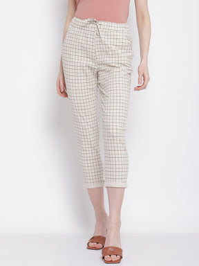 Women Off White Mid Rise Cropped Length Checked Lower