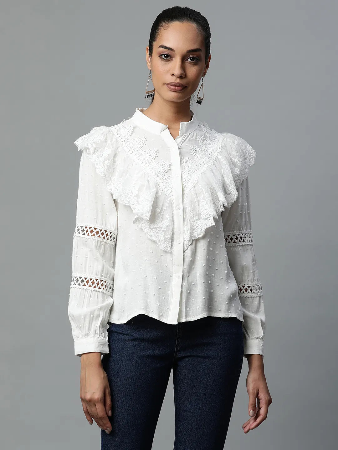 White Lace and Ruffle Cotton Blend Shirt