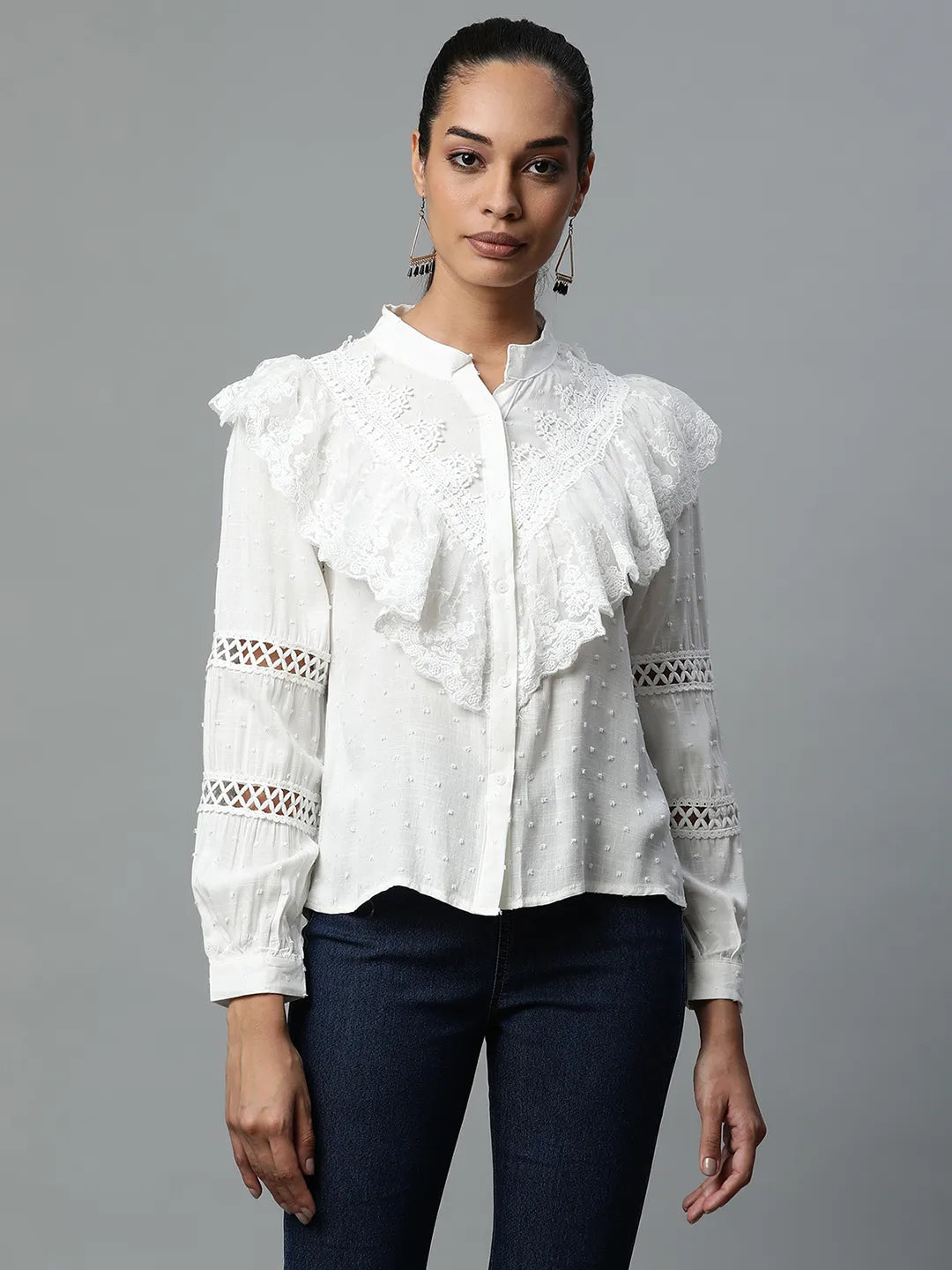 Women White Lace and Ruffle Cotton Blend Shirt