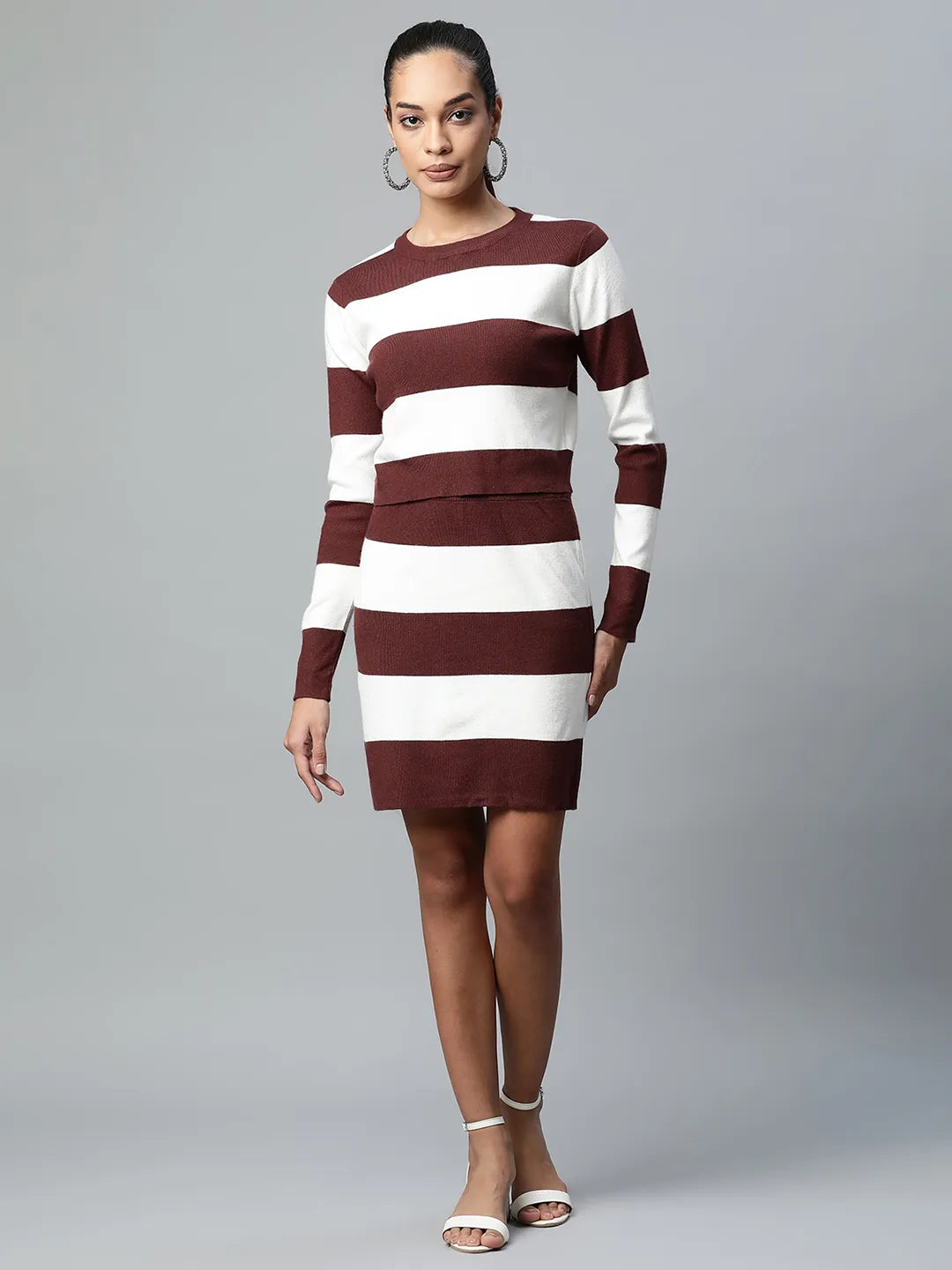 Women Brown & White Round Neck Broad Striped Viscose Co-ord Set