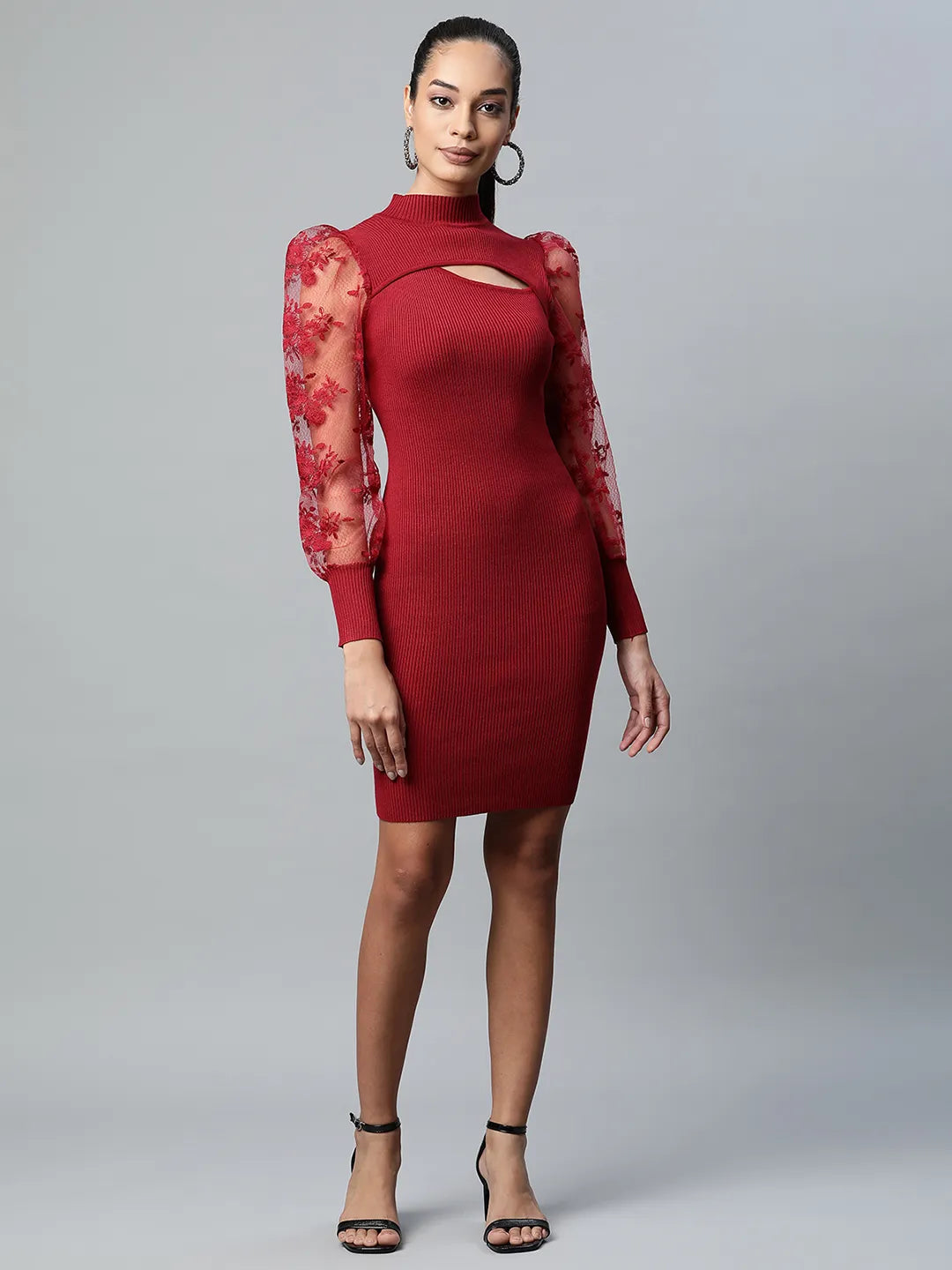 Women Maroon Turtle Neck Keyhole Rib Bodycon Dress