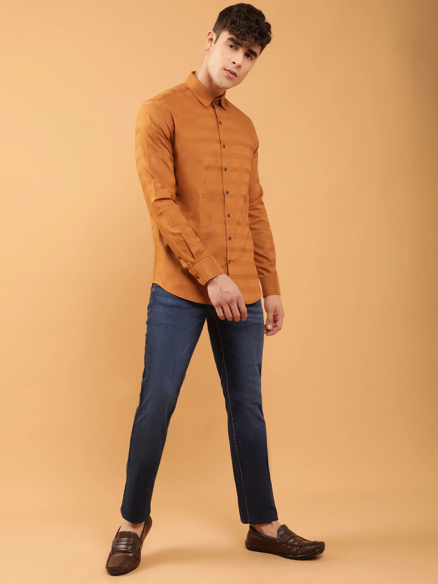 s Gold Slim Fit Horizontal Self Striped Shirt
