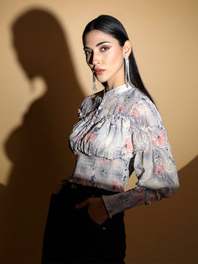 Multi Print Elasticated Hem Crop Top