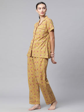 Women Mustard Cotton Printed Loose Fit Night Suit Set