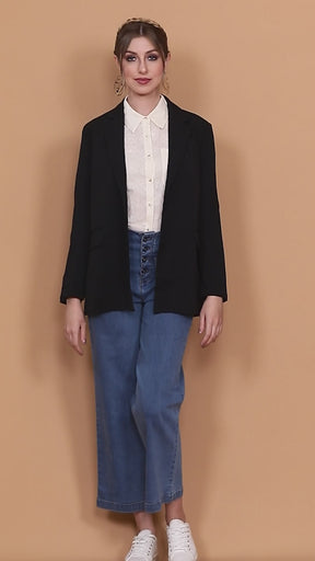Women Black Notched Collar Cotton Formal Blazer