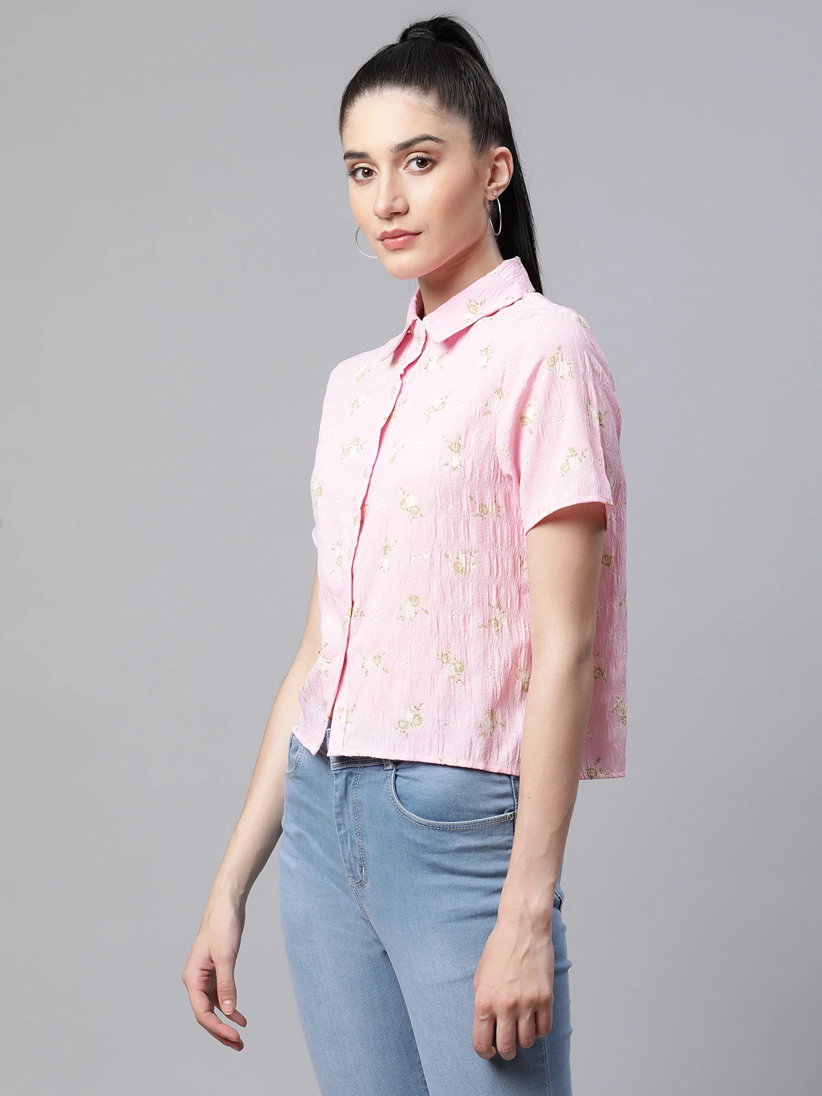 women printed pink poly cotton regular fit casual shirt