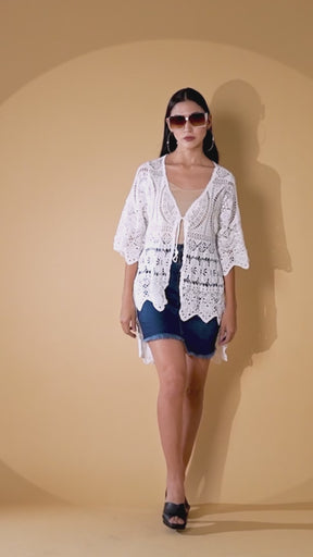 Women White V-Neck Embroidered Shrug