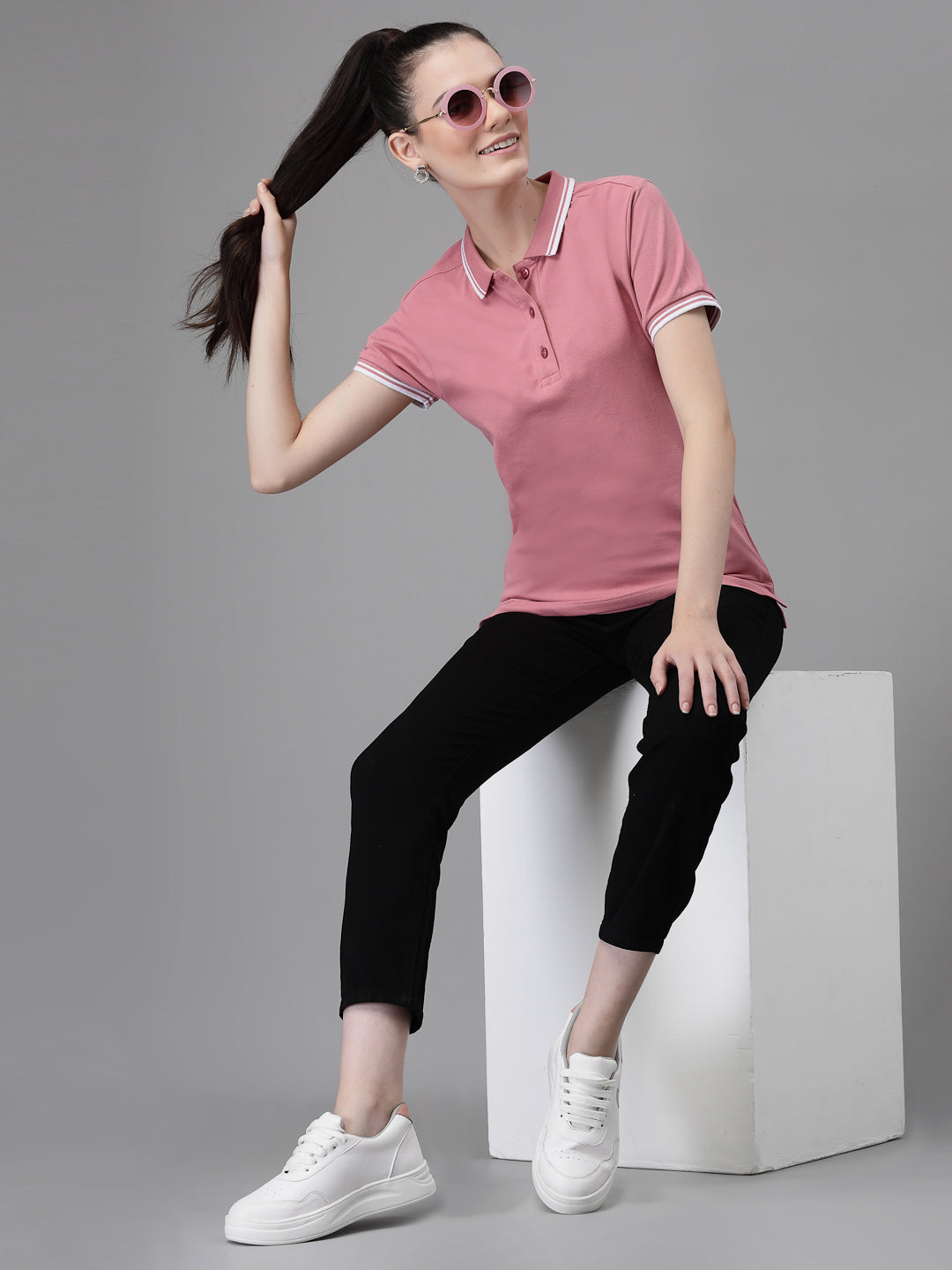 Women Regular Fit Polo Neck Dusty Pink T-Shirt