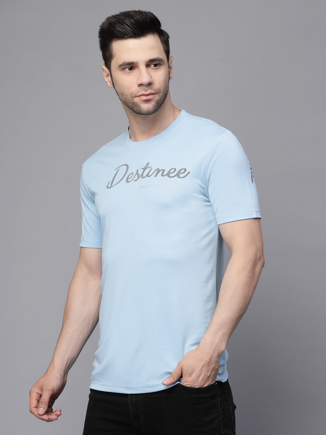 Mens Sky Blue Round Neck Printed T-Shirt