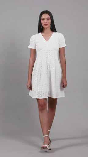 Women White Schiffli Cotton Skater Dress