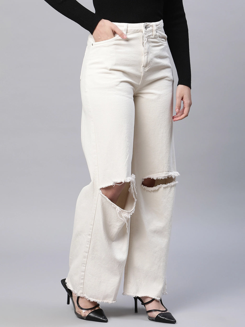 Women High Rise Baggy Fit Distressed Off White Jeans –