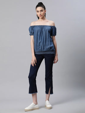 Blue Cotton Off-Shoulder Top