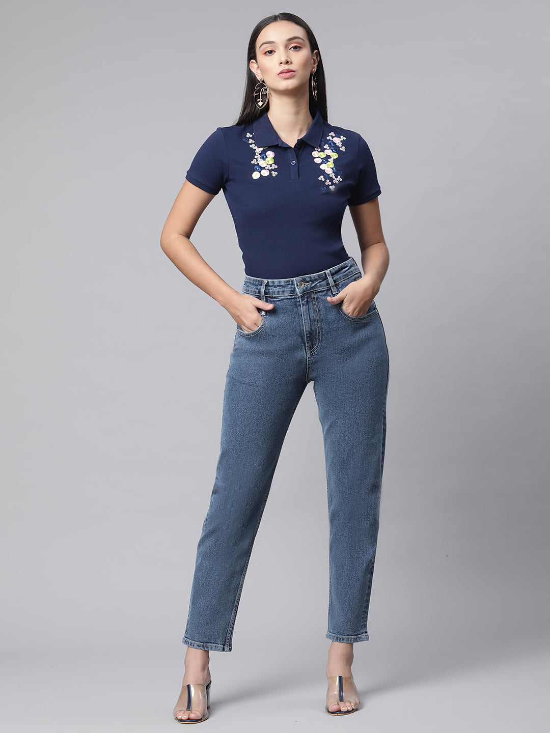 Slim Fit Navy Blue Polo Embroidery Top