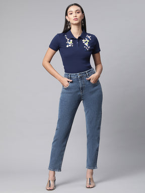 Women Slim Fit Navy Blue Polo Embroidery Top