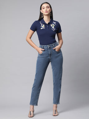 Women Slim Fit Navy Blue Polo Embroidery T-Shirt