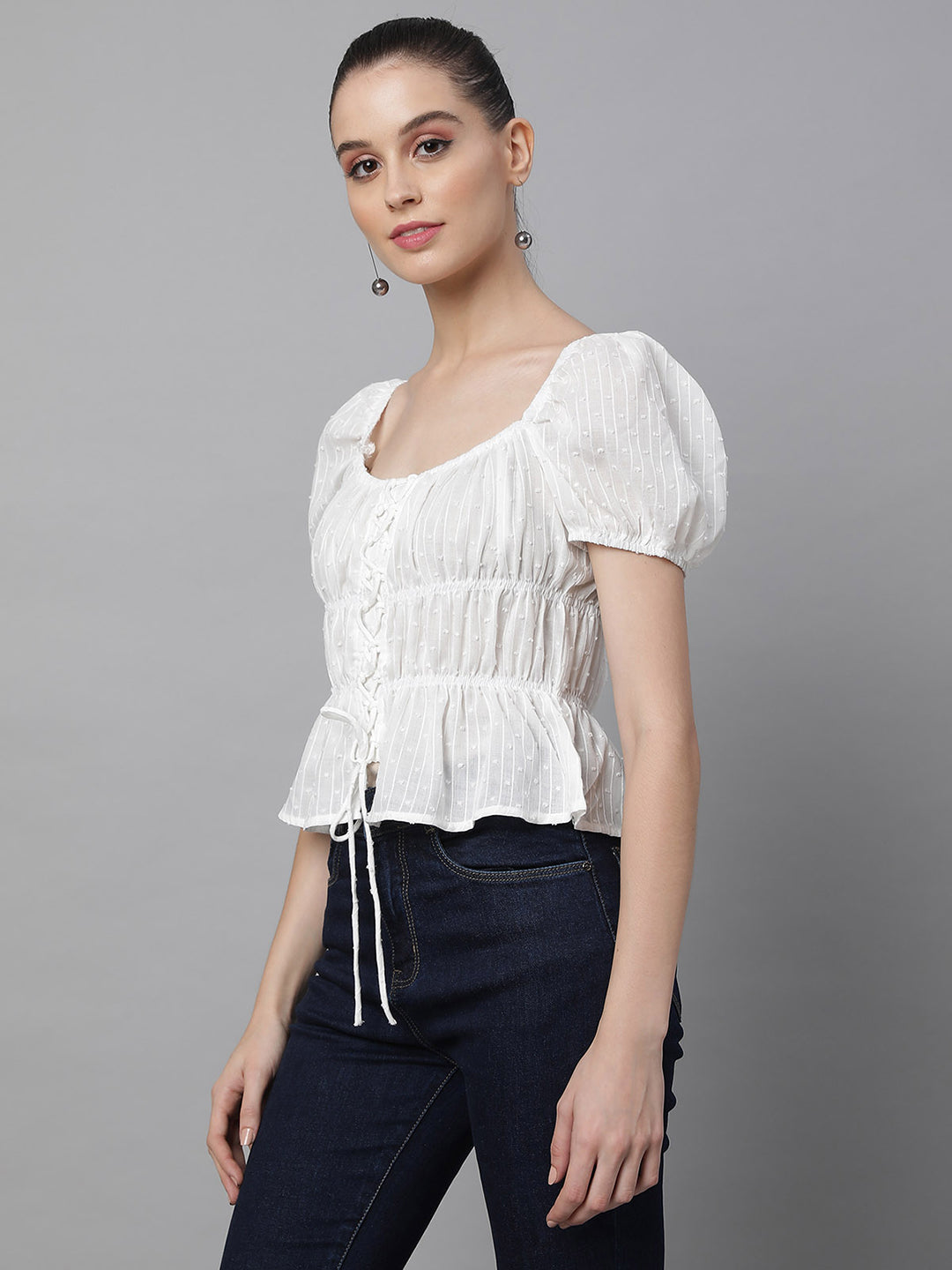 Women White Embroidered Puff Sleeves Blouse Top