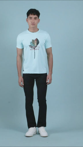 Men Sky Blue Leaf Alpha Printed T-Shirt