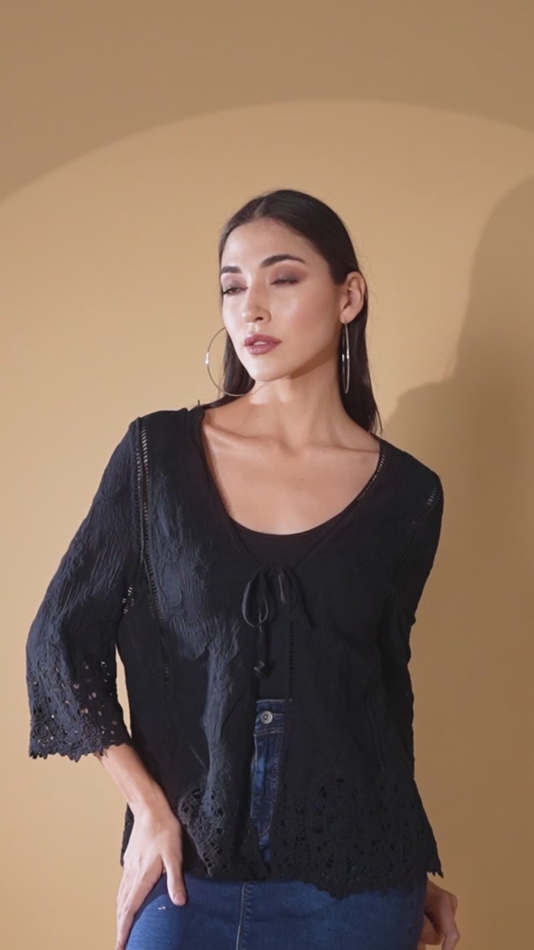 Women Black V-Neck Loose Fit Embroidered Shrug