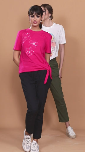 Women Hot-Pink Regular Fit Embellished T-Shirt